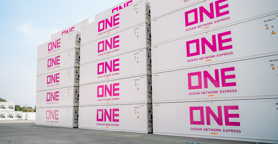 Stacks of white Ocean Network Express reefer containers at a shipping terminal